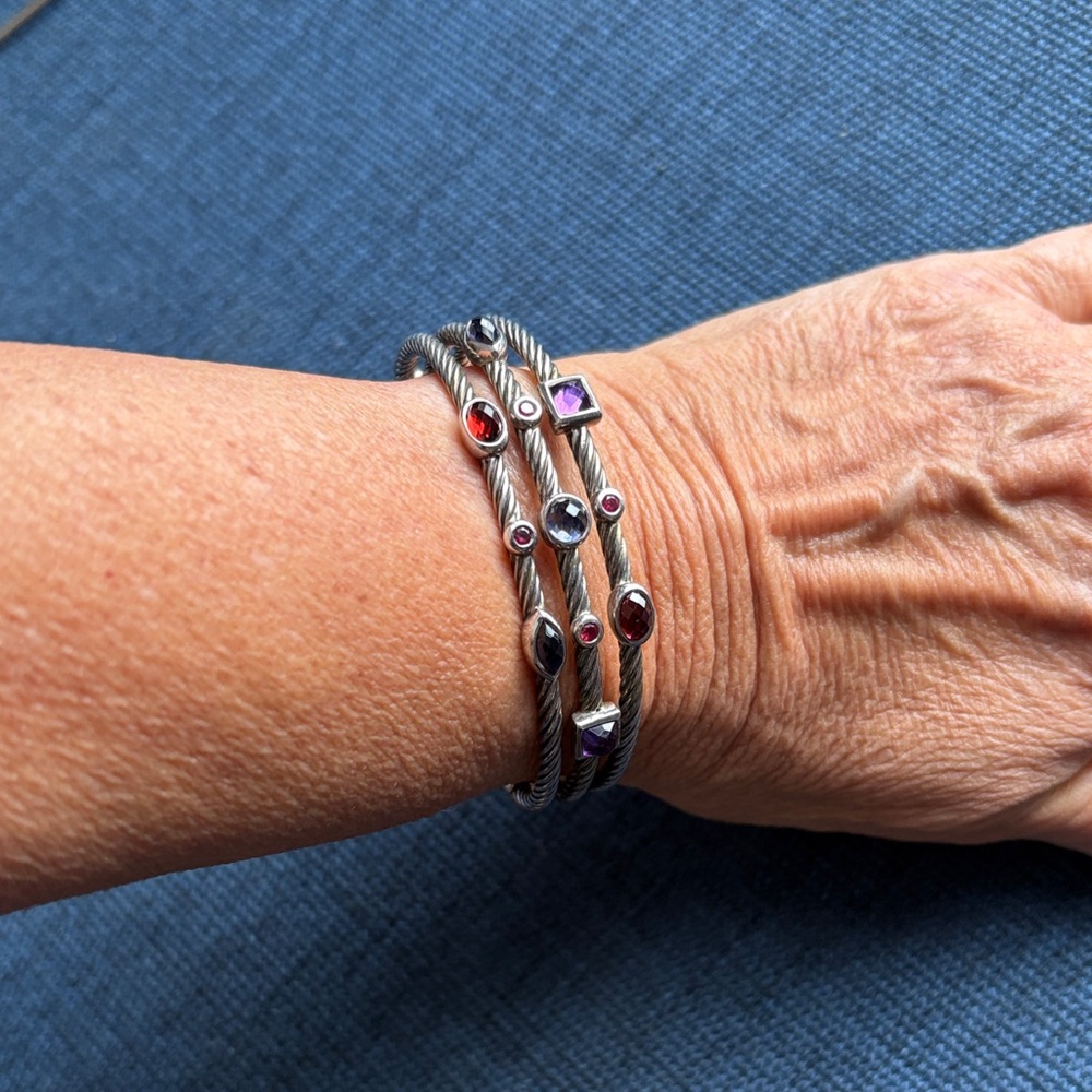 David Yurman three cord silver bracelet with stones
